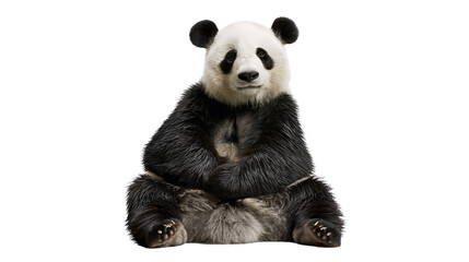 Isolated giant panda sitting peacefully, looking forward with its arms crossed on the ground © Lucas