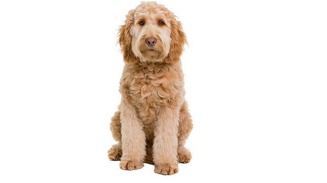 Isolated friendly GoldenDoodle dog with fluffy coat sitting still and looking at viewer.