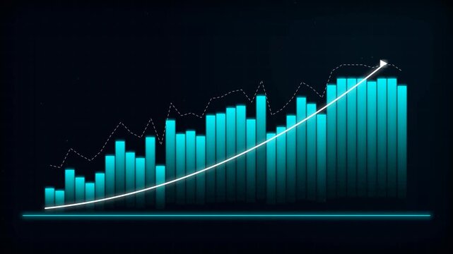 Glowing bar graph with an upward trending arrow and neon blue columns on dark background, concept for business growth, ideal for corporate presentations and financial reports