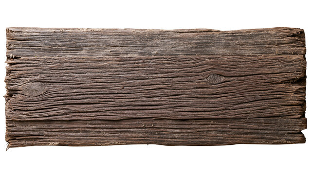 Isolated old weathered timber board featuring rough texture and prominent wood grain pattern.