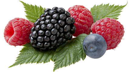 Isolated fresh colorful berries with green leaves, a healthy and delicious fruit mix © Lucas
