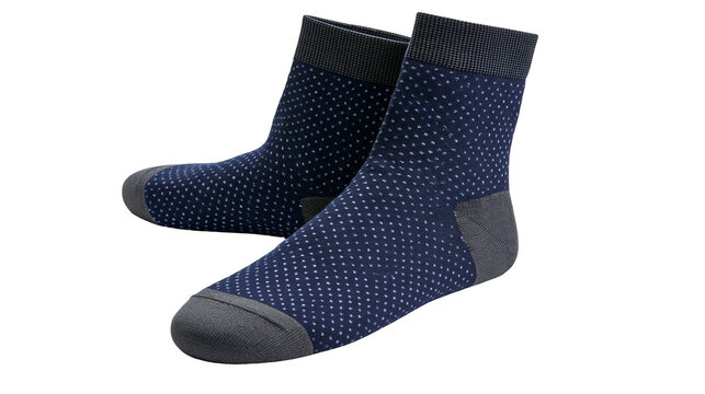 Isolated stylish dark blue men's socks with a subtle dotted pattern and gray details.