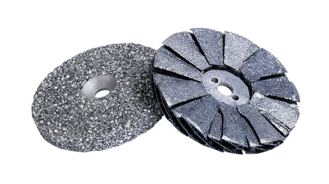 Isolated industrial abrasive cutting and grinding flap discs and diamond wheels