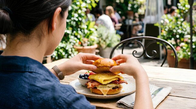 Woman eating breakfast sandwich burger at outdoor cafe.