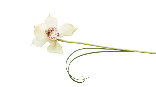 Isolated delicate creamy white orchid flower with red spotted center and graceful green foliage.