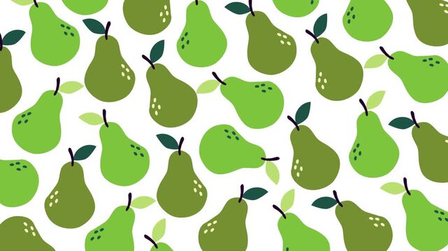 Fresh animated seamless pattern featuring green pears with leaves on a clean white background