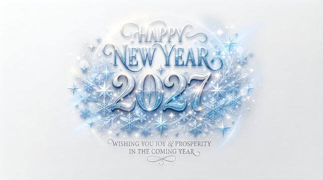 Happy New Year 2027 festive typography with snowflakes and stars, isolated on transparent background, celebrating the upcoming year with joy and prosperity.