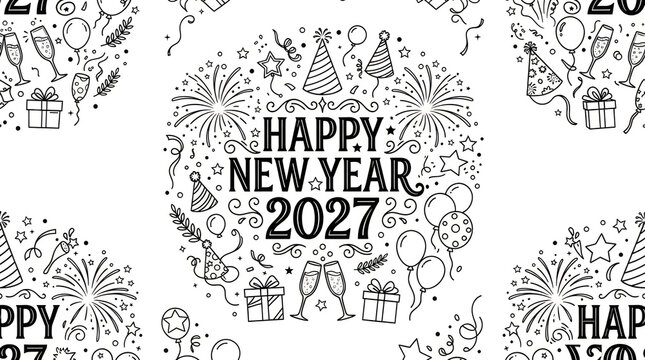 Seamless pattern with hand-drawn New Year 2027 elements like fireworks, champagne, balloons, and party hats, creating a festive background, isolated on transparent background.