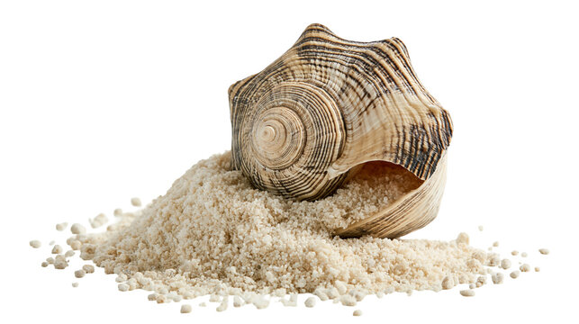 Isolated striped seashell on a heap of natural beach sand, detailed spiral marine treasure.