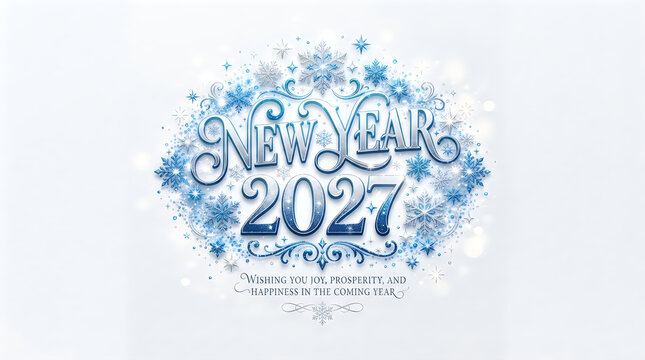 New Year 2027 typography design with sparkling snowflakes and festive lights, isolated on transparent background, wishing joy and happiness in the coming year.