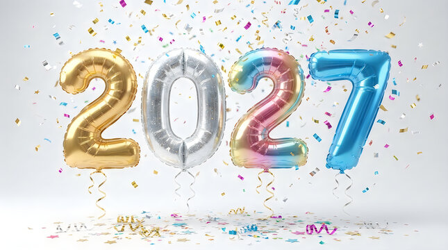 Golden, silver, and blue balloons forming the number 2027 for New Year's celebration, with confetti falling, isolated on transparent background, festive and joyful.