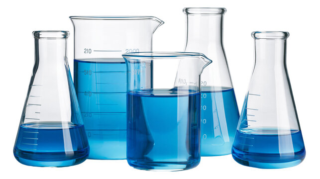Isolated group of clear laboratory glassware filled with vibrant blue liquid for scientific experiments