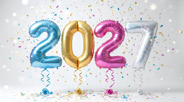 Colorful New Year 2027 balloons in blue, gold, and pink, with silver '7', surrounded by falling confetti, isolated on transparent background, perfect for festive greetings.