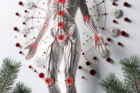 Detailed medical illustration shows human body with acupuncture meridians, chakra energy points. Red glowing nodes mark vital anatomical spots on white torso. Concept of holistic wellness, oriental