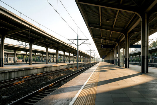 Empty train station platform at sunrise