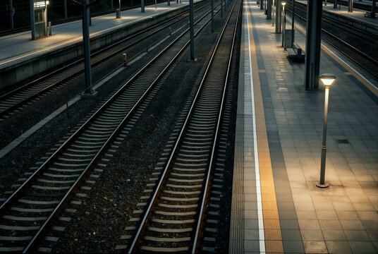 Train station platform at dusk with lights