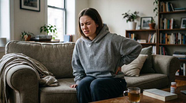 Young woman sitting on a couch at home feeling severe back pain and touching her painful lower spine with a stressed facial expression