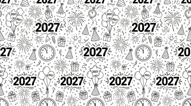 Seamless pattern with New Year 2027 theme, featuring hand-drawn illustrations of fireworks, balloons, party hats, clocks, and gifts, isolated on transparent background.