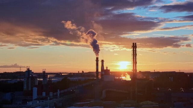 Industrial Chimney and Smoke Against Sunset Sky