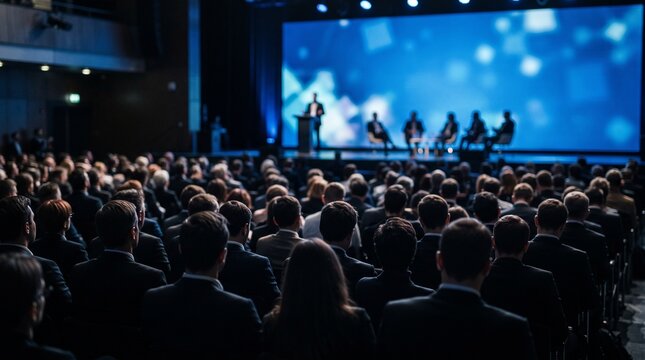 Business and entrepreneurship symposium. Speaker giving a talk at business meeting. Audience in the conference hall. Rear view of unrecognized participant in audience.