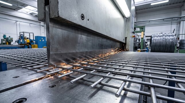 Industrial shearing machine precisely cutting metal mesh, creating sparks, showcasing modern manufacturing processes and automation in a factory environment