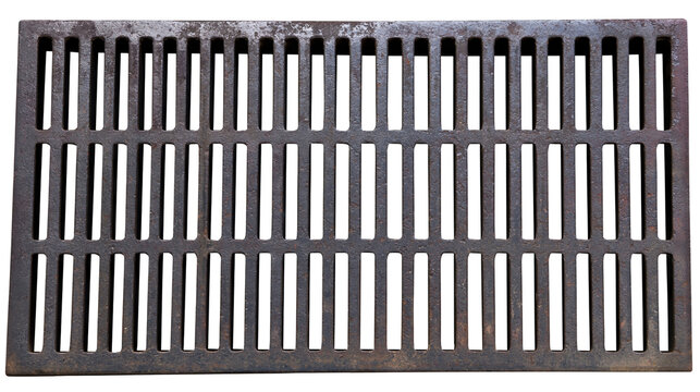 Isolated rectangular metal storm drain grate for public infrastructure and water drainage