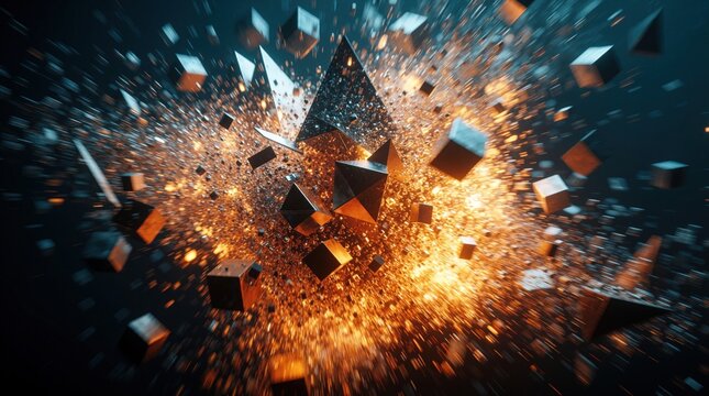 Abstract 3D background with floating geometric shapes exploding into glowing particles. Dark blue space filled with golden light, motion blur. Cyberpunk tech concept showing digital data