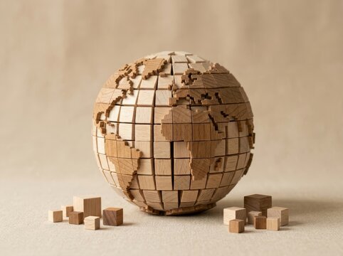 Wooden cubes form a globe of the Earth