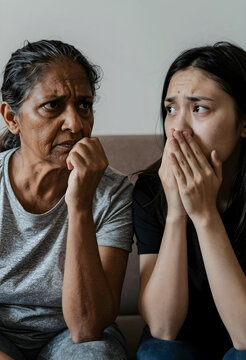 Mental health and emotional support, worried senior mother and young daughter sharing grief or anxiety in a difficult family situation at home