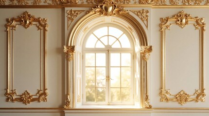 Obraz premium Luxury palace interior with golden architectural arch, classic window frame. Elegant 3D gold border decorates white walls. Bright soft sunlight shines through arched glass doors. Premium royal room