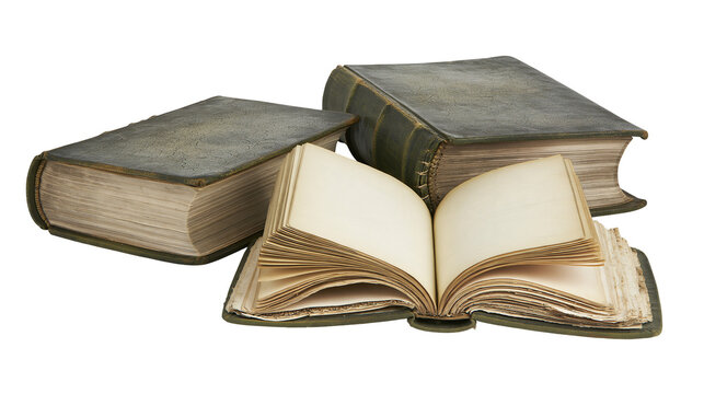 Isolated group of three ancient, weathered books, with one open revealing blank aged pages