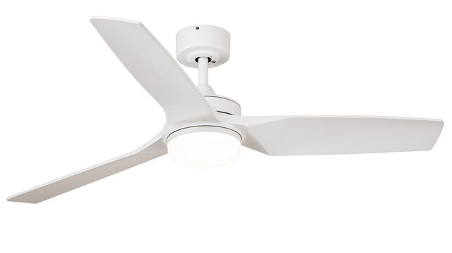 Isolated modern white ceiling fan with three sleek blades and integrated light fixture