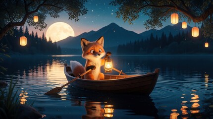 Fototapeta premium Cute orange fox sits in wooden boat on calm lake at night. Small animal holds lit lantern rowing through dark water. Large full moon shines over mountain forest background with hanging paper lanterns
