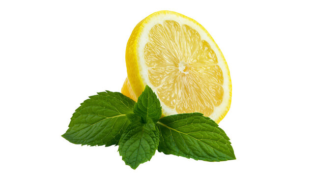 Isolated fresh lemon slice and vibrant mint leaves, refreshing and natural citrus fruit