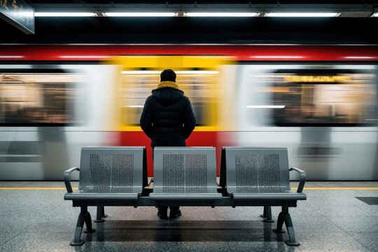 Lonely man stands near empty metal bench at underground metro station. Fast moving subway train creates motion blur in dark tunnel. Urban transport commuter waits on platform for public transit in