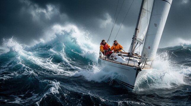 Three men steer a sailboat through rough ocean waves. Crewmates work together on boat amid dramatic stormy sea conditions. Outdoor adventure teamwork challenges.