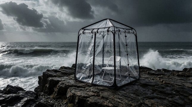 Transparent plastic medical isolator pod sits on rocky coastal cliff. Modern quarantine shelter with white chair inside protects from stormy ocean waves. Minimalist emergency pod stands alone against