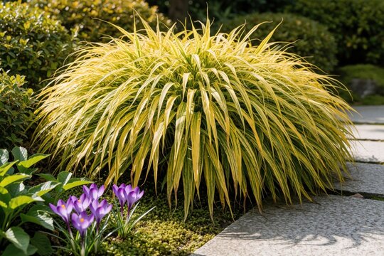 Hakonechloa macra Alboaurea ornamental grass grows in autumn garden. Yellow variegated foliage plant creates beautiful texture for landscape design. Small purple flowers bloom near large decorative