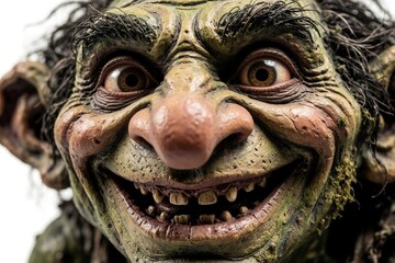 Obraz premium Close up of scary fantasy troll statue face. Ugly green monster with big nose, huge eyes, creepy teeth smile. Mythical creature goblin ogre character sculpture in detail. Folklore legend creature for