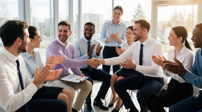 Diverse business team celebrates success in modern office. Happy colleagues shake hands, clap during seminar corporate meeting. Professional people discuss strategy, share ideas, cooperate on stage