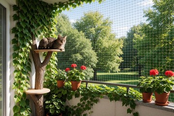 Obraz premium Tabby cat sits on wooden shelf attached to tree on sunny balcony. Domestic pet looks out through safety net at green park. Red geraniums in pots, green ivy decorate cozy outdoor terrace during summer