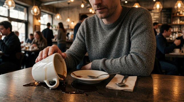 Man spills hot coffee on wooden table in busy cafe. Adult male reacts to accidental liquid mess, discomfort after dropping white ceramic mug. Spilled dark beverage creates stain on table near saucer,