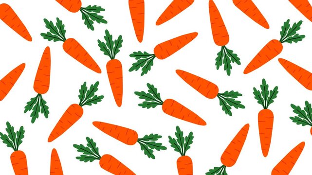 Playful carrot pattern motion graphic featuring bright orange carrots with green leafy tops on a clean white background