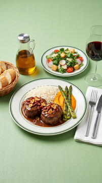 Filet mignon medallion in wine sauce with grilled asparagus, carrot pur&eacute;e, and white rice, accompanied by a salad and a glass of wine, set on a green wooden table
