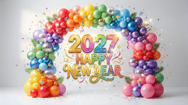 Vibrant 2027 happy new year celebration featuring a spectacular rainbow-colored balloon arch with glittering numbers and festive confetti, creating an exciting and joyful party atmosphere, perfect for