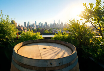 Obraz premium Urban sustainability and green city living, wooden barrel table on a rooftop garden with skyline view at sunset for lifestyle and environmental concepts