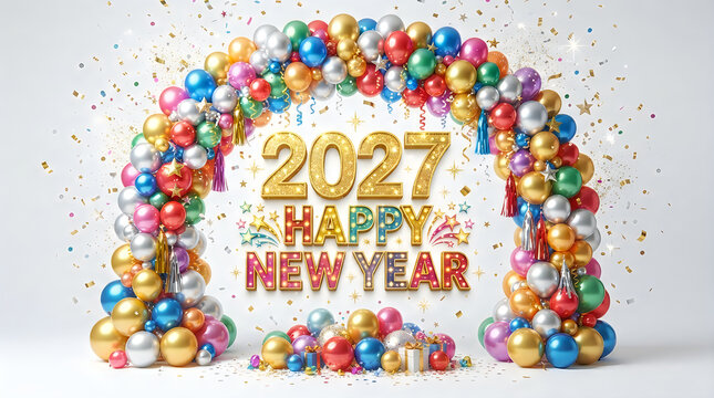 A festive 2027 Happy New Year, vibrant arch of colorful, shiny balloons, sparkling gold text, scattered confetti, and gifts, creating a joyful mood, isolated on transparent background.