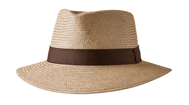Isolated classic woven straw fedora hat with a brown band, fashionable summer accessory