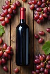 Obraz premium Winemaking and viticulture industry, red wine bottle with fresh grapes on rustic wooden table for luxury dining and gourmet food marketing campaign