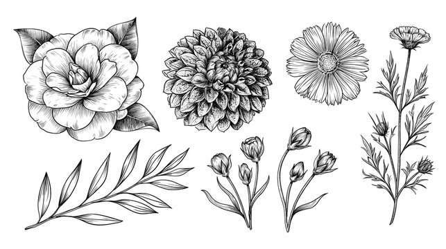 Isolated elegant black and white botanical flower and leaf line art illustration set.